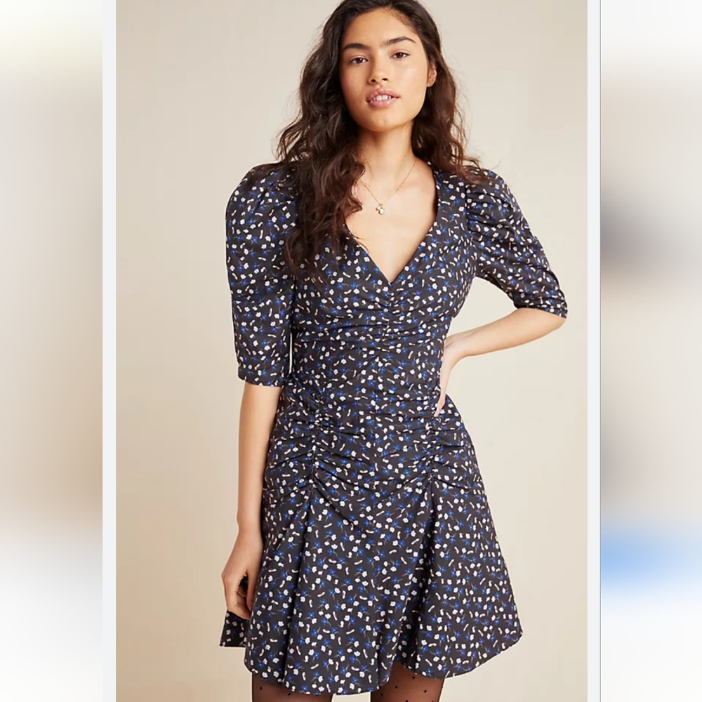 Anthropologie navy floral short sleeve mini dress size small